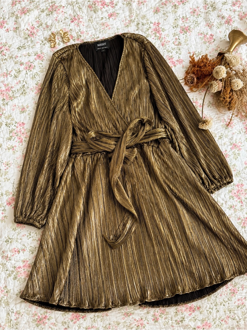 Bardot Shimmery Gold Pleated Wrap Mini Dress